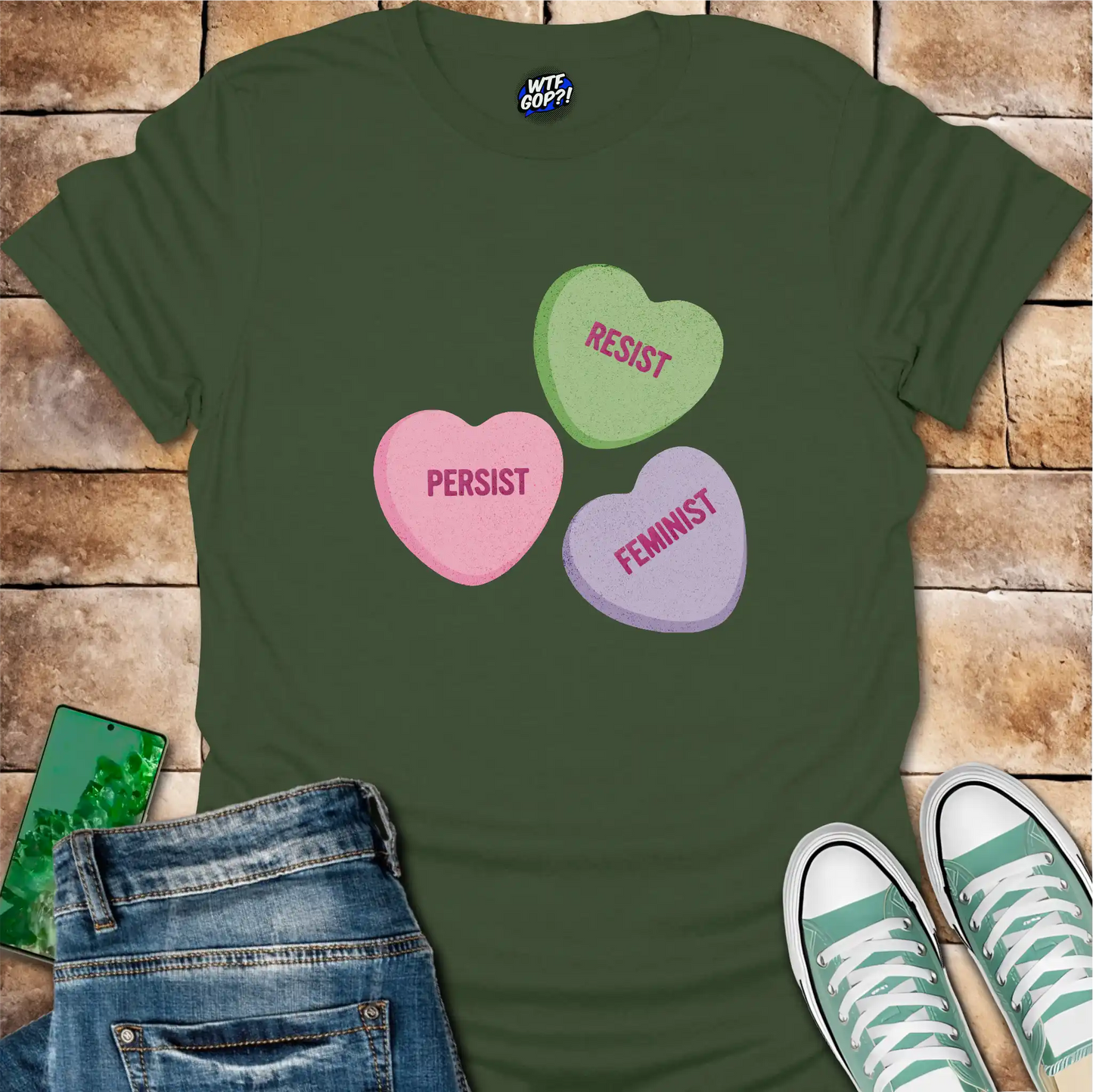 Resist Persist Feminist Candy Hearts T-Shirt - Sweet Protest