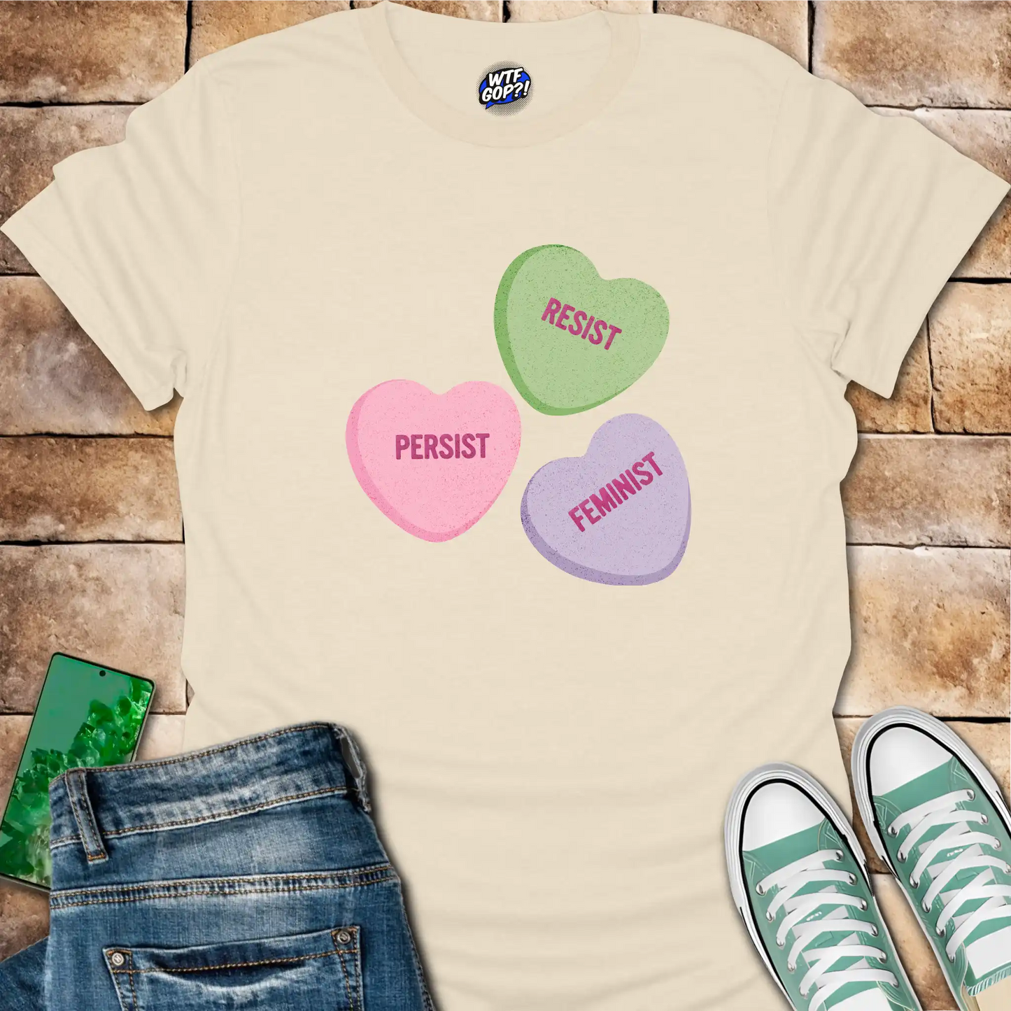 Resist Persist Feminist Candy Hearts T-Shirt - Sweet Protest