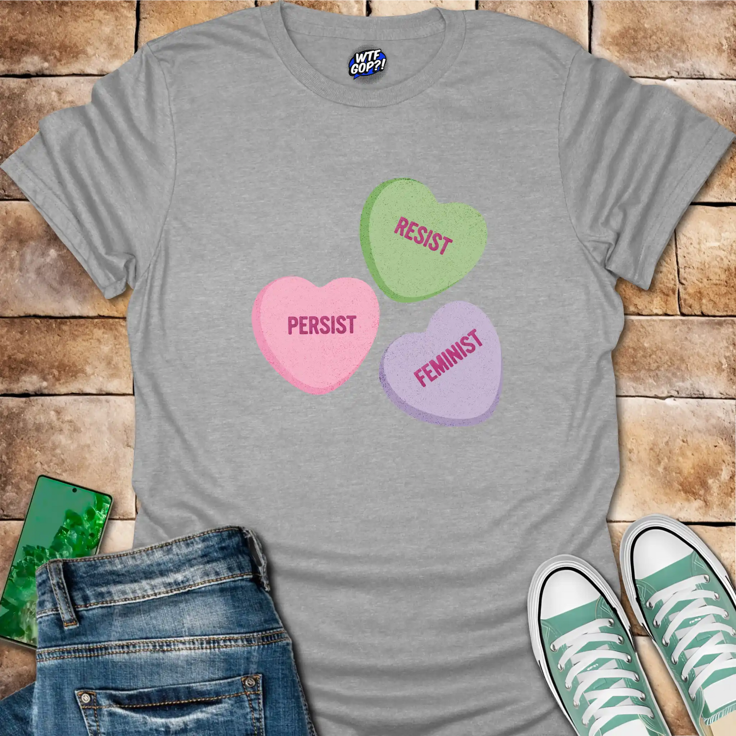 Resist Persist Feminist Candy Hearts T-Shirt - Sweet Protest
