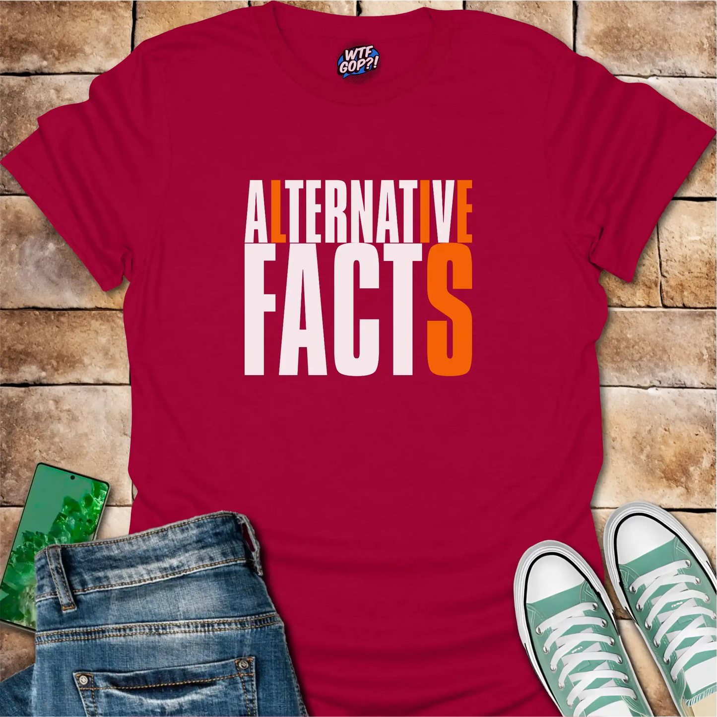 Cherry Red Alternative Facts Lies t-shirt with contrasting orange highlighted letters