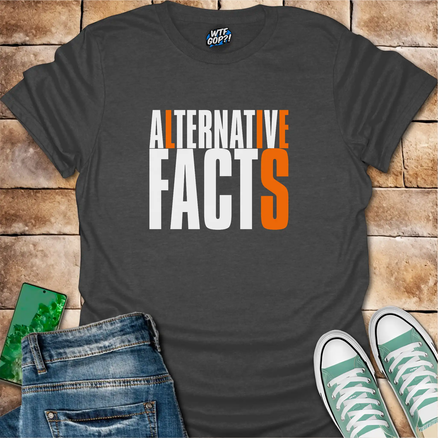 Dark Gray Alternative Facts Lies t-shirt with contrasting orange highlighted letters