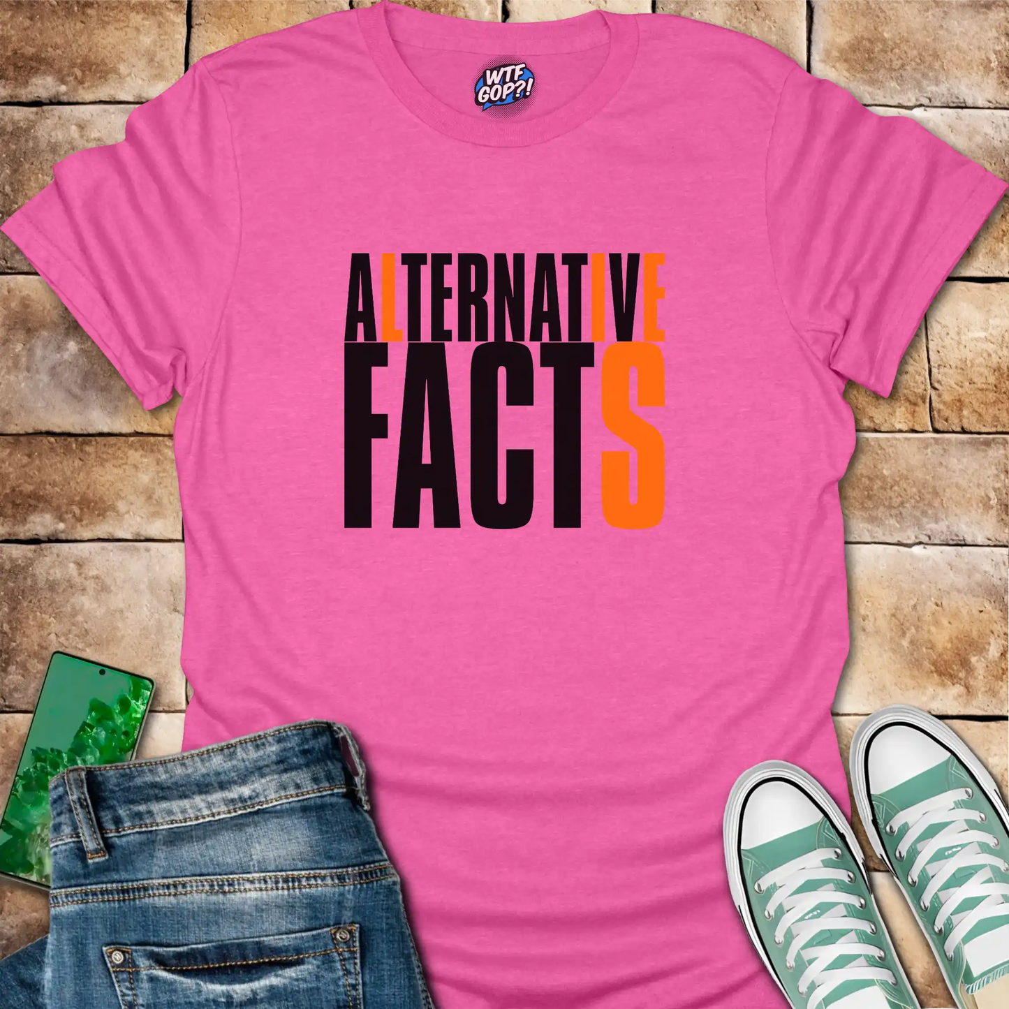 Pink Alternative Facts Lies t-shirt with contrasting orange highlighted letters