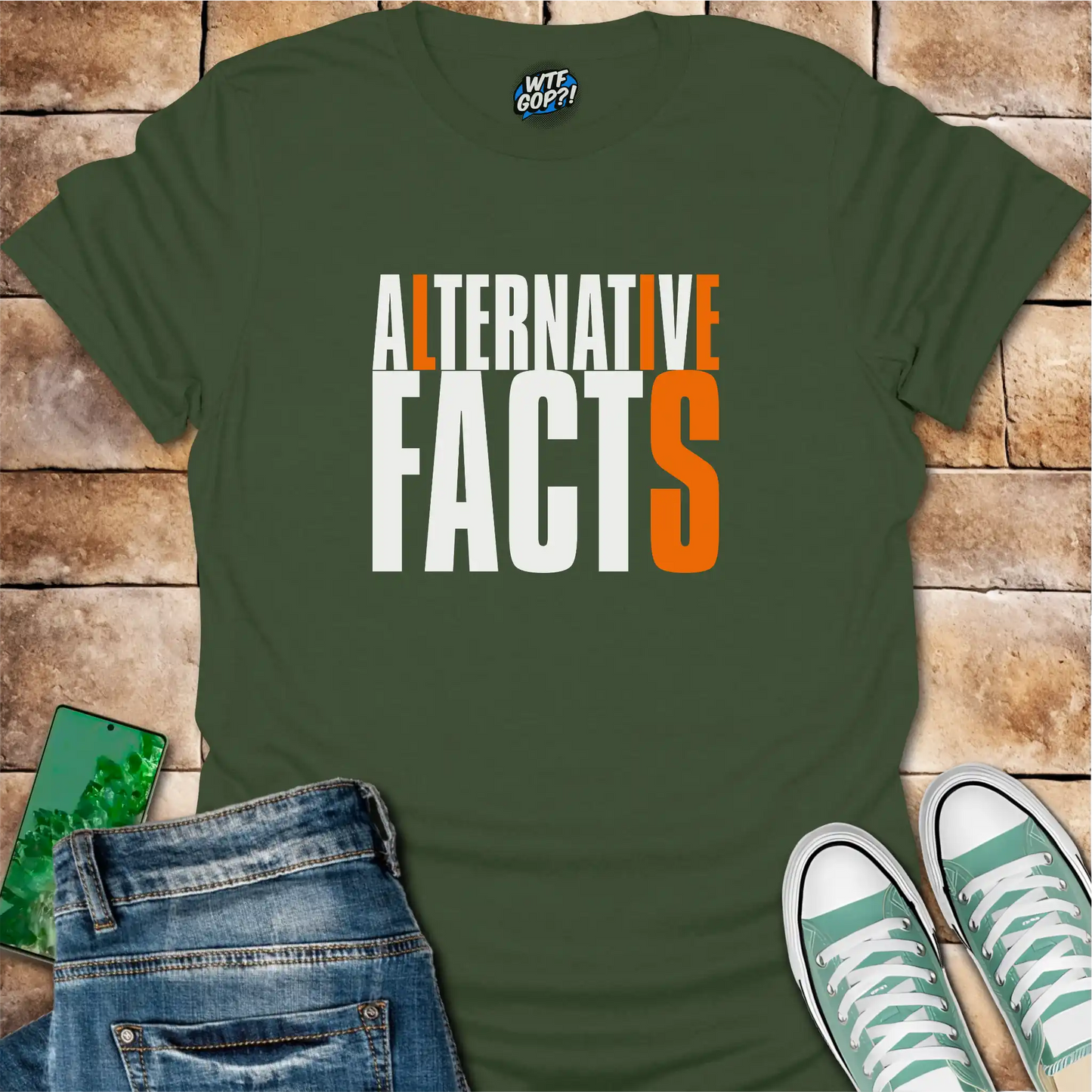 Military Green Alternative Facts Lies t-shirt with contrasting orange highlighted letters