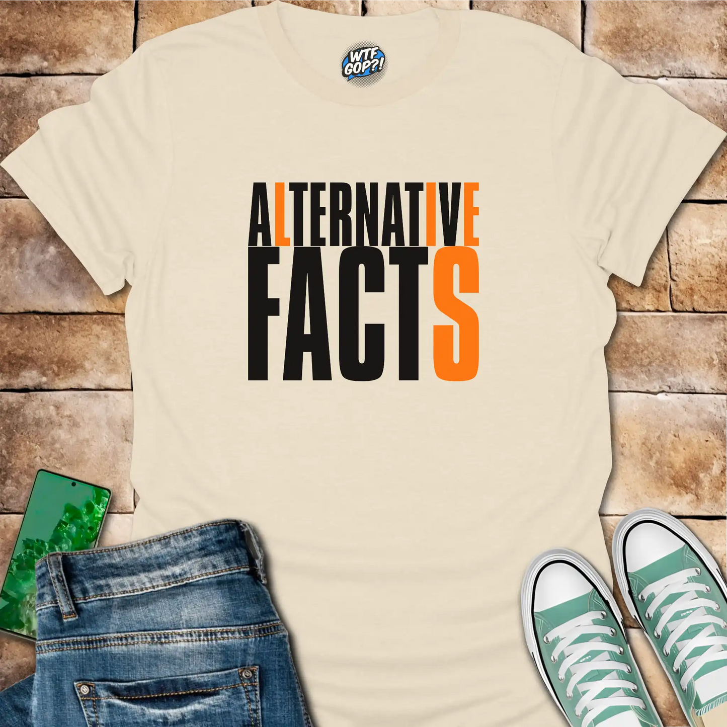 Natural Alternative Facts Lies t-shirt with contrasting orange highlighted letters