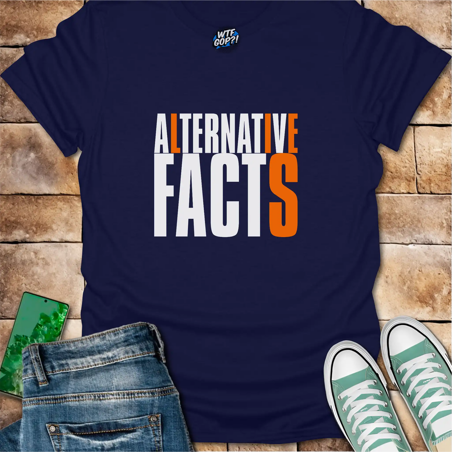 Navy Blue Alternative Facts Lies t-shirt with contrasting orange highlighted letters