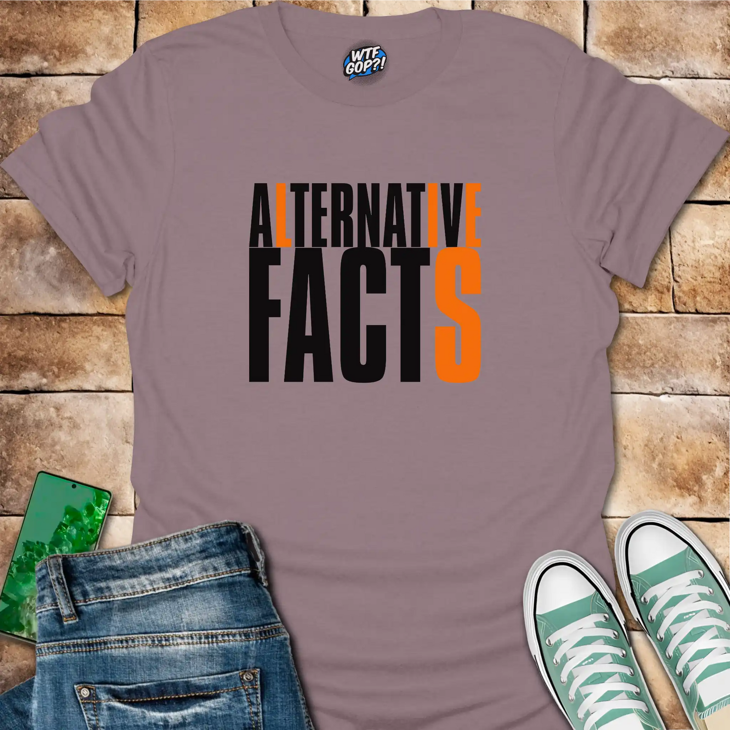 Paragon Alternative Facts Lies t-shirt with contrasting orange highlighted letters
