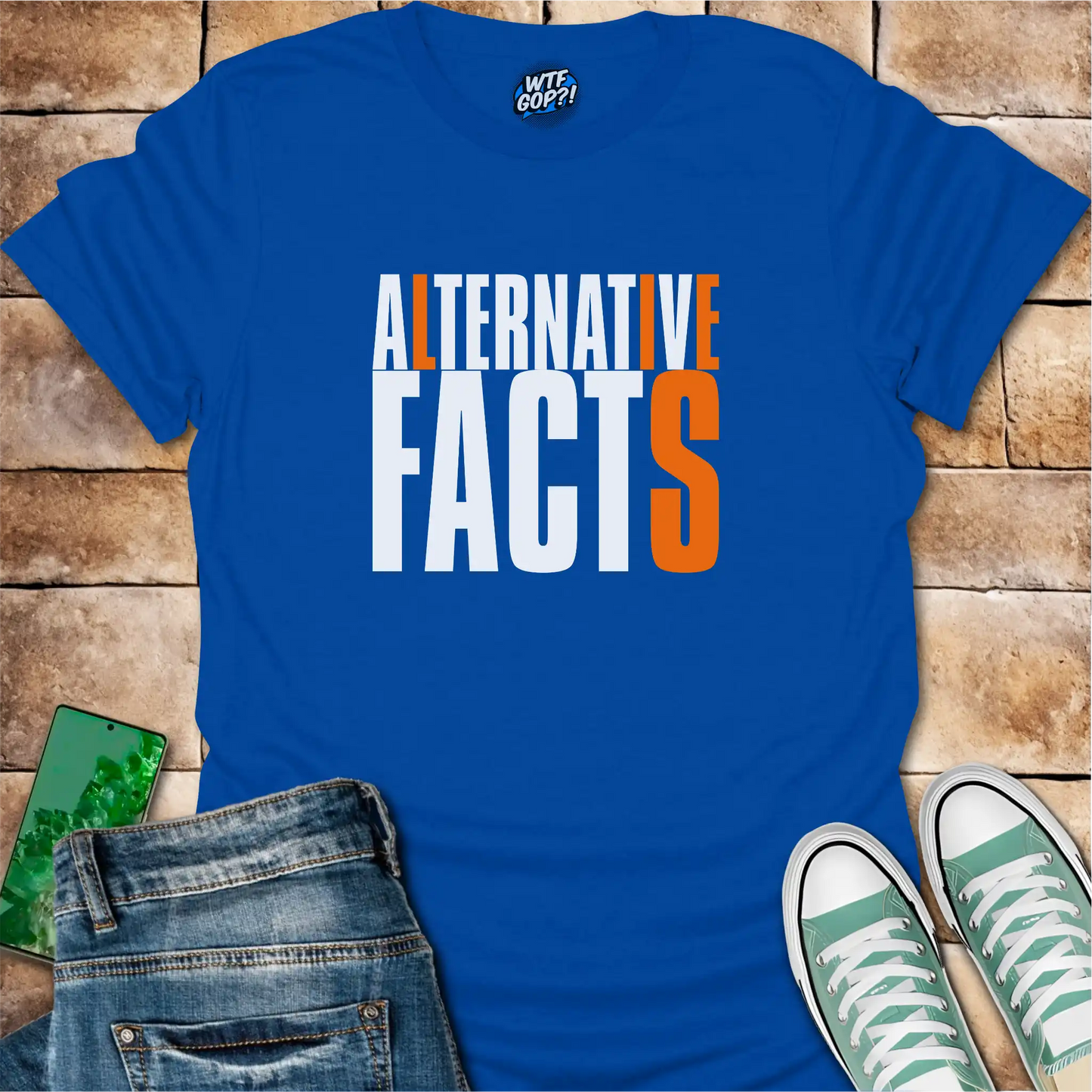 Royal Blue Alternative Facts Lies t-shirt with contrasting orange highlighted letters