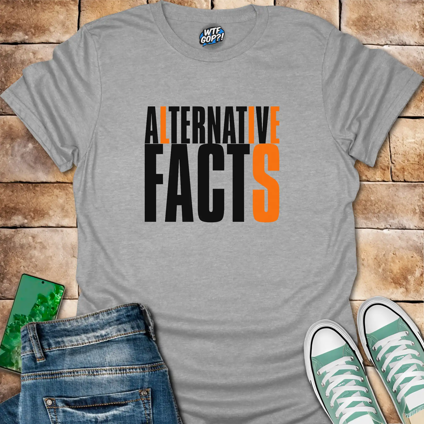 Sport Grey Alternative Facts Lies t-shirt with contrasting orange highlighted letters