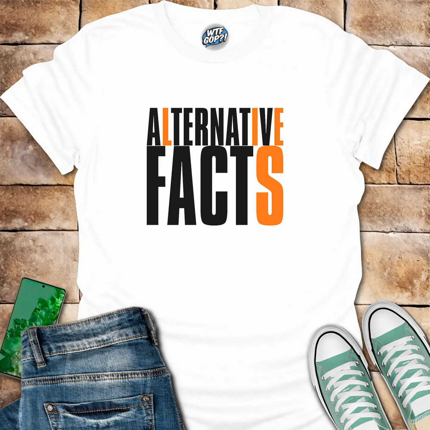 White Alternative Facts Lies t-shirt with contrasting orange highlighted letters