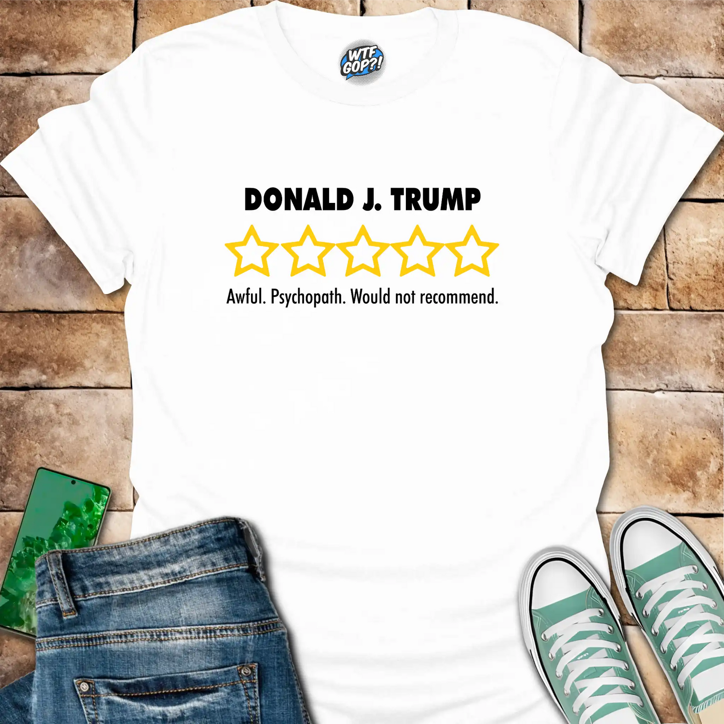 Navy Trump Review t-shirt with empty five-star political critique