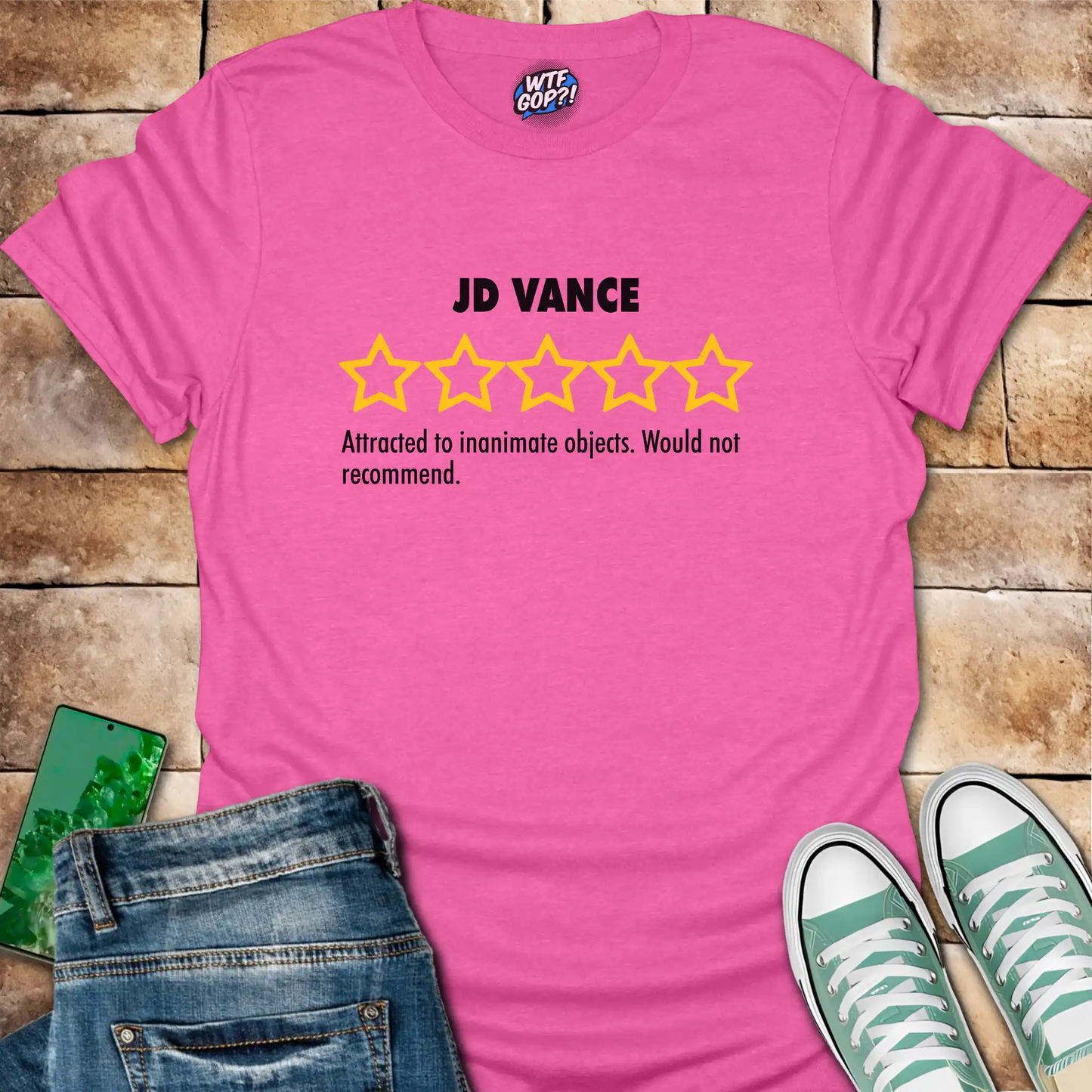 Pink JD Vance Weird t-shirt with yellow five-star rating design