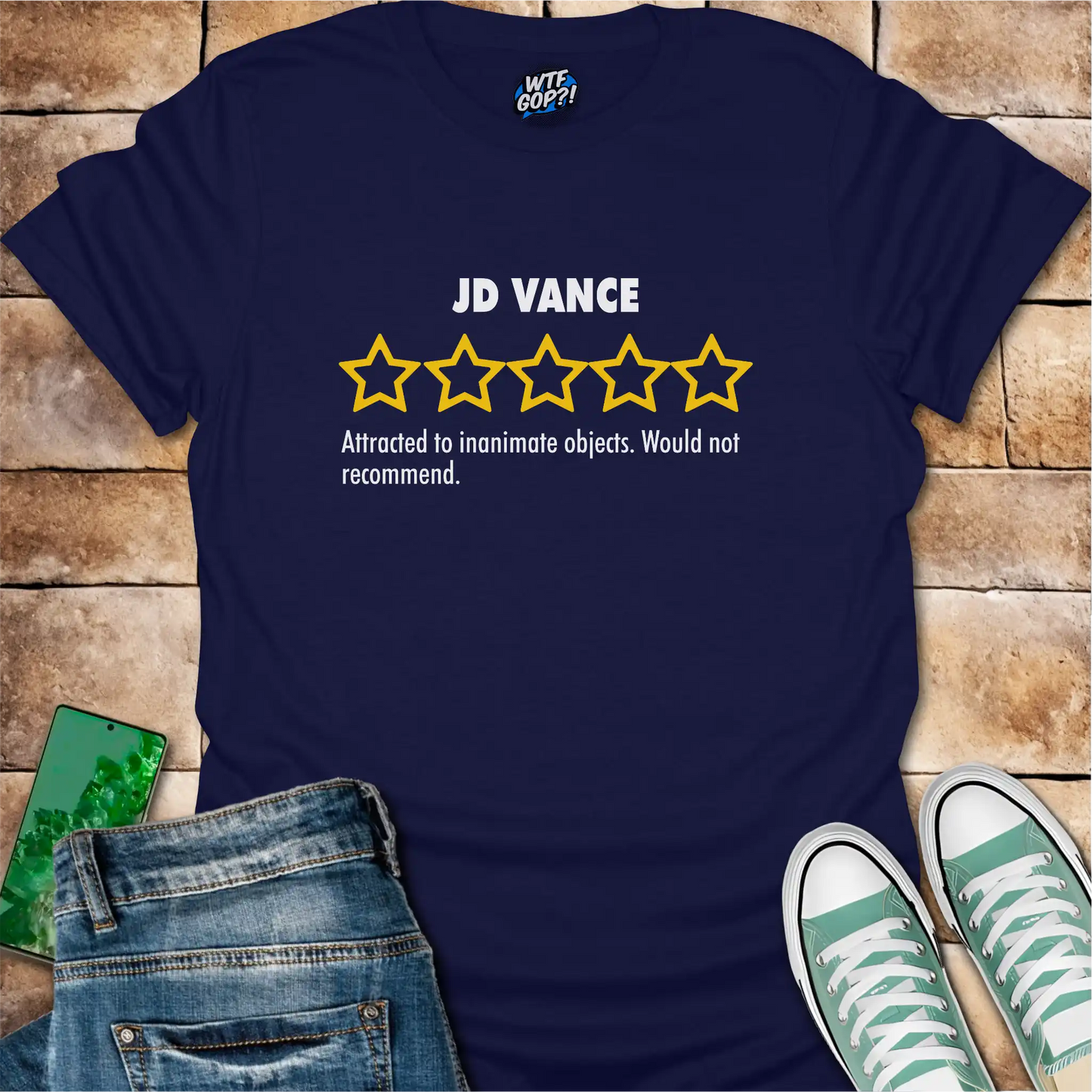 Navy Blue JD Vance Weird t-shirt with yellow five-star rating design