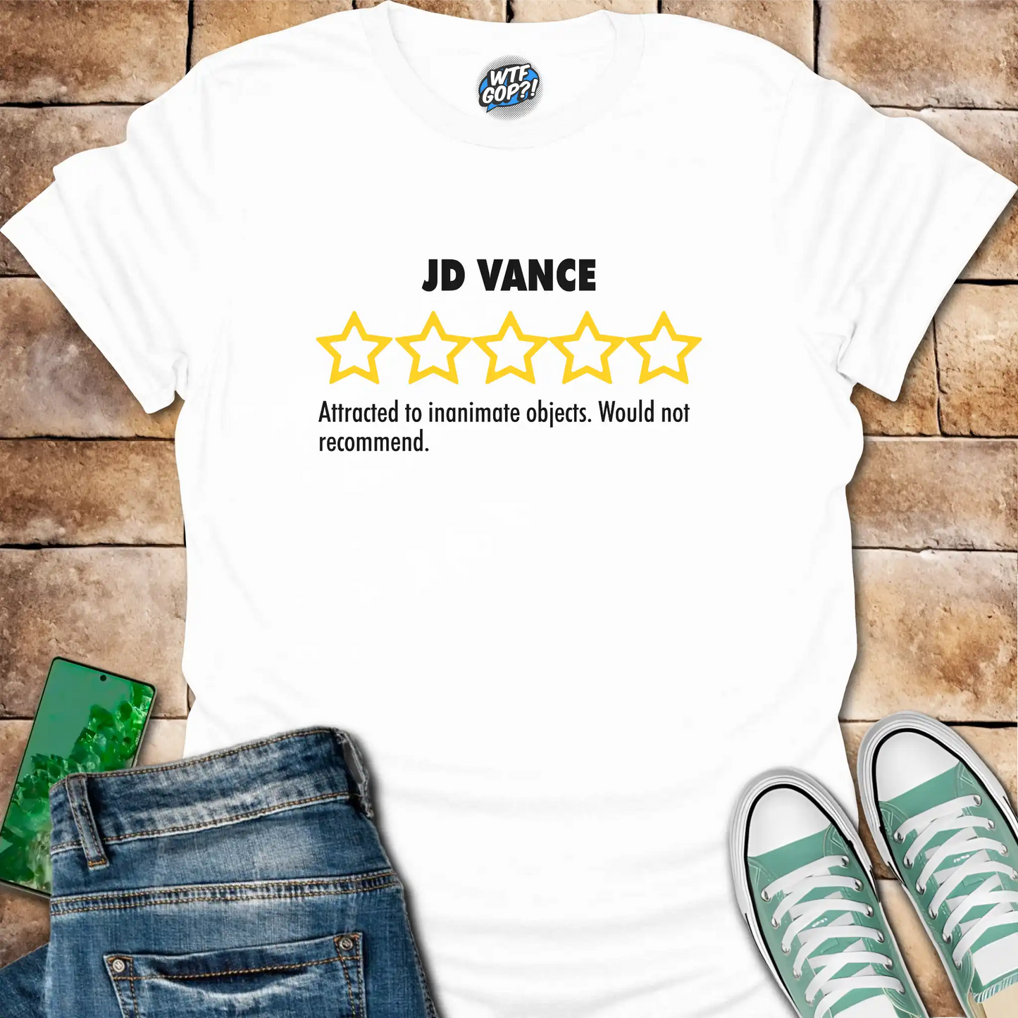 White JD Vance Weird t-shirt with yellow five-star rating design
