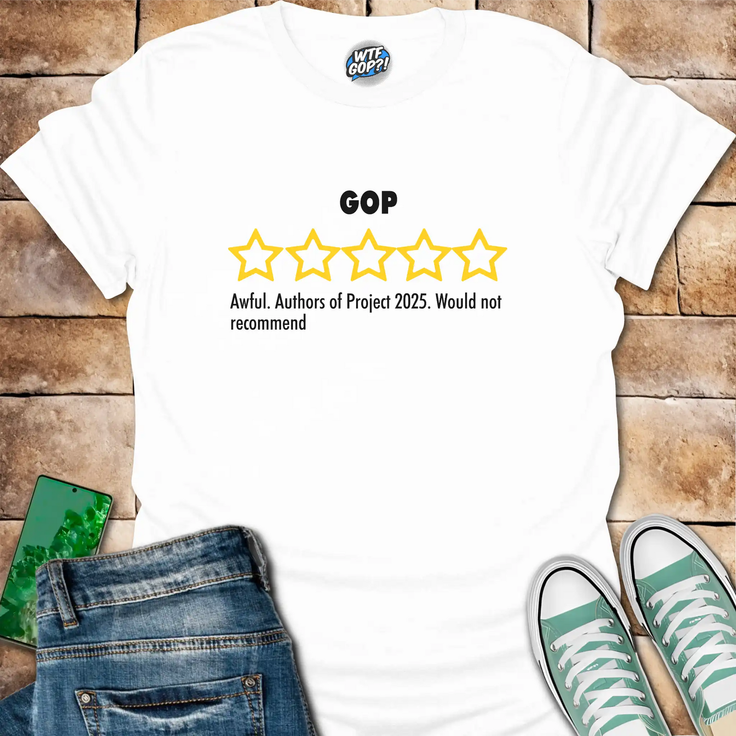 White GOP Review t-shirt with empty five-star Project 2025 critique