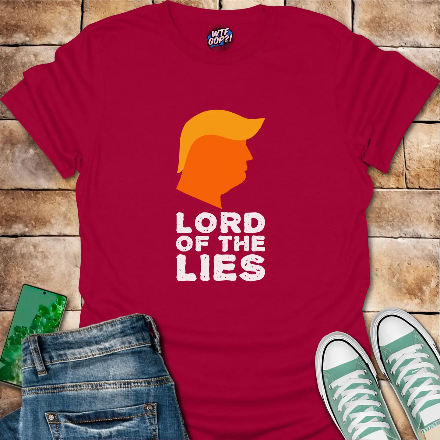 Cherry Red Lord of the Lies Trump Shirt: A caricature of Donald Trump's silhouette above the phrase 'Lord of the Lies'.