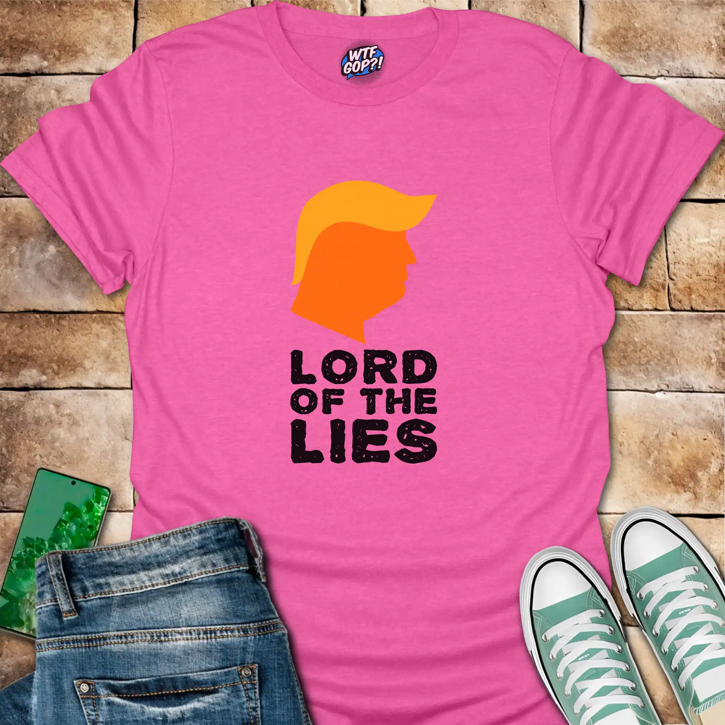 Pink Lord of the Lies Trump Shirt: A caricature of Donald Trump's silhouette above the phrase 'Lord of the Lies'.