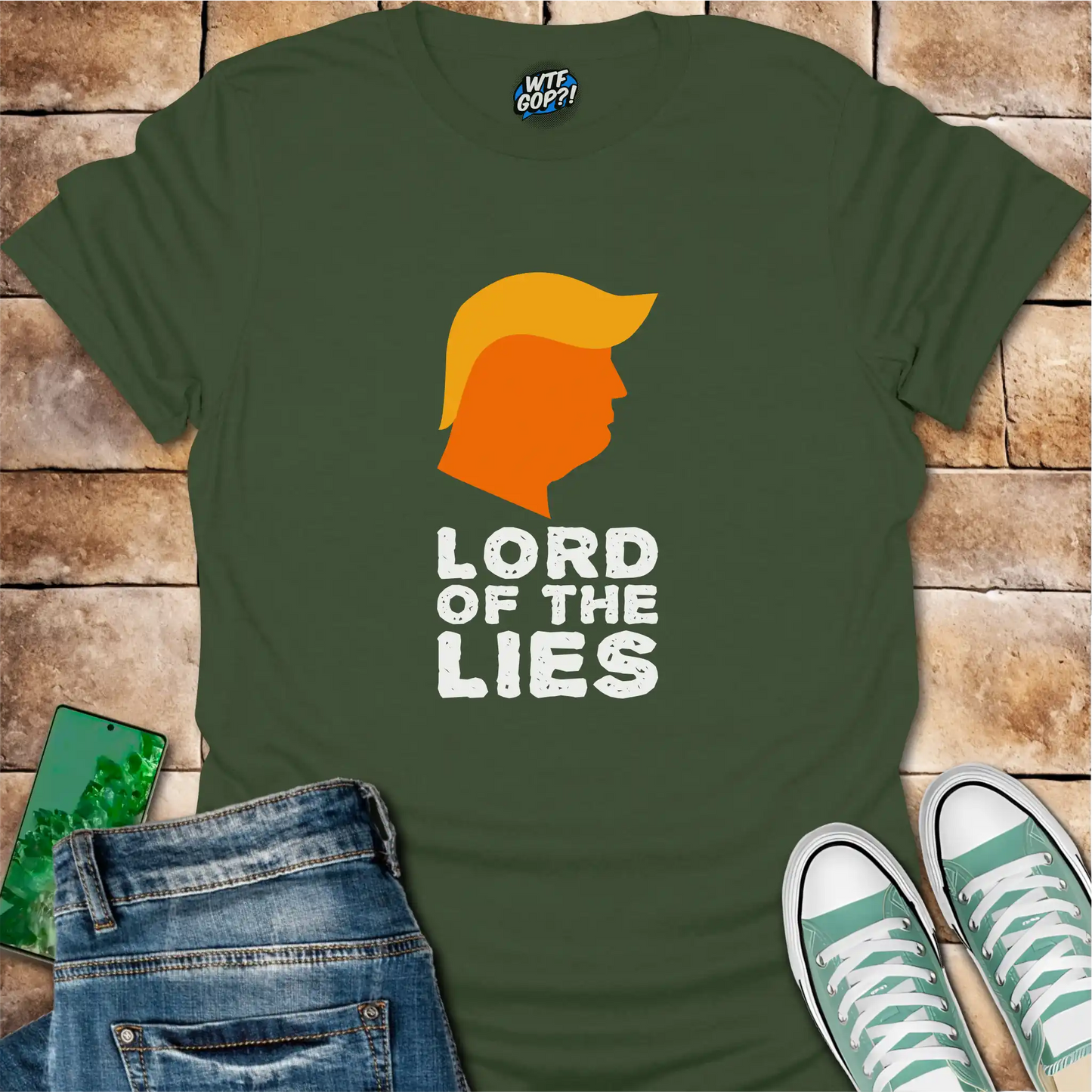 Military Green Lord of the Lies Trump Shirt: A caricature of Donald Trump's silhouette above the phrase 'Lord of the Lies'.