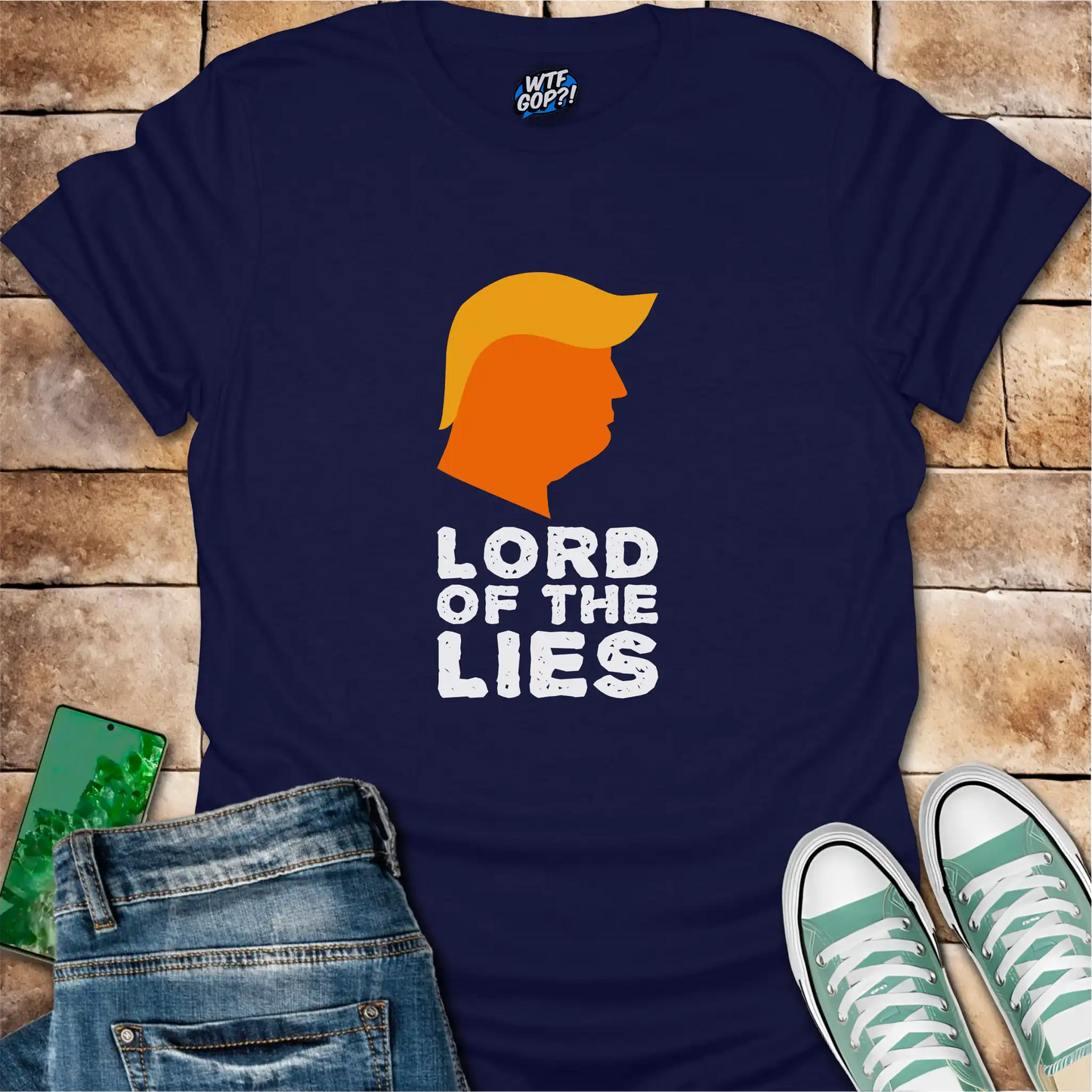 Navy Blue Lord of the Lies Trump Shirt: A caricature of Donald Trump's silhouette above the phrase 'Lord of the Lies'.
