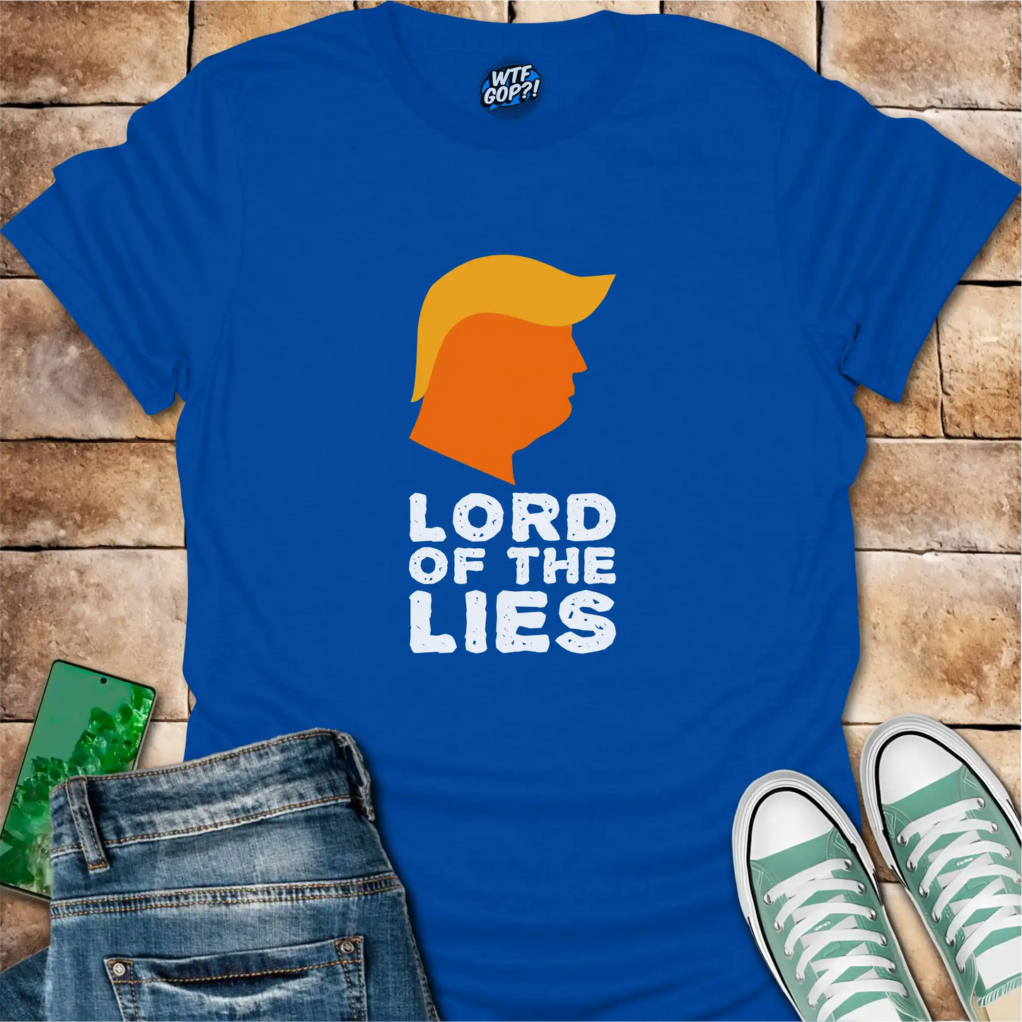 Royal Blue Lord of the Lies Trump Shirt: A caricature of Donald Trump's silhouette above the phrase 'Lord of the Lies'.