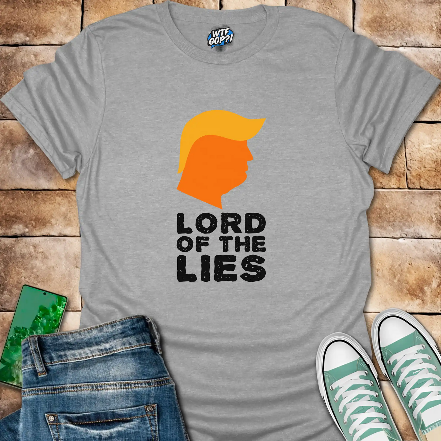 Sport Grey Lord of the Lies Trump Shirt: A caricature of Donald Trump's silhouette above the phrase 'Lord of the Lies'.