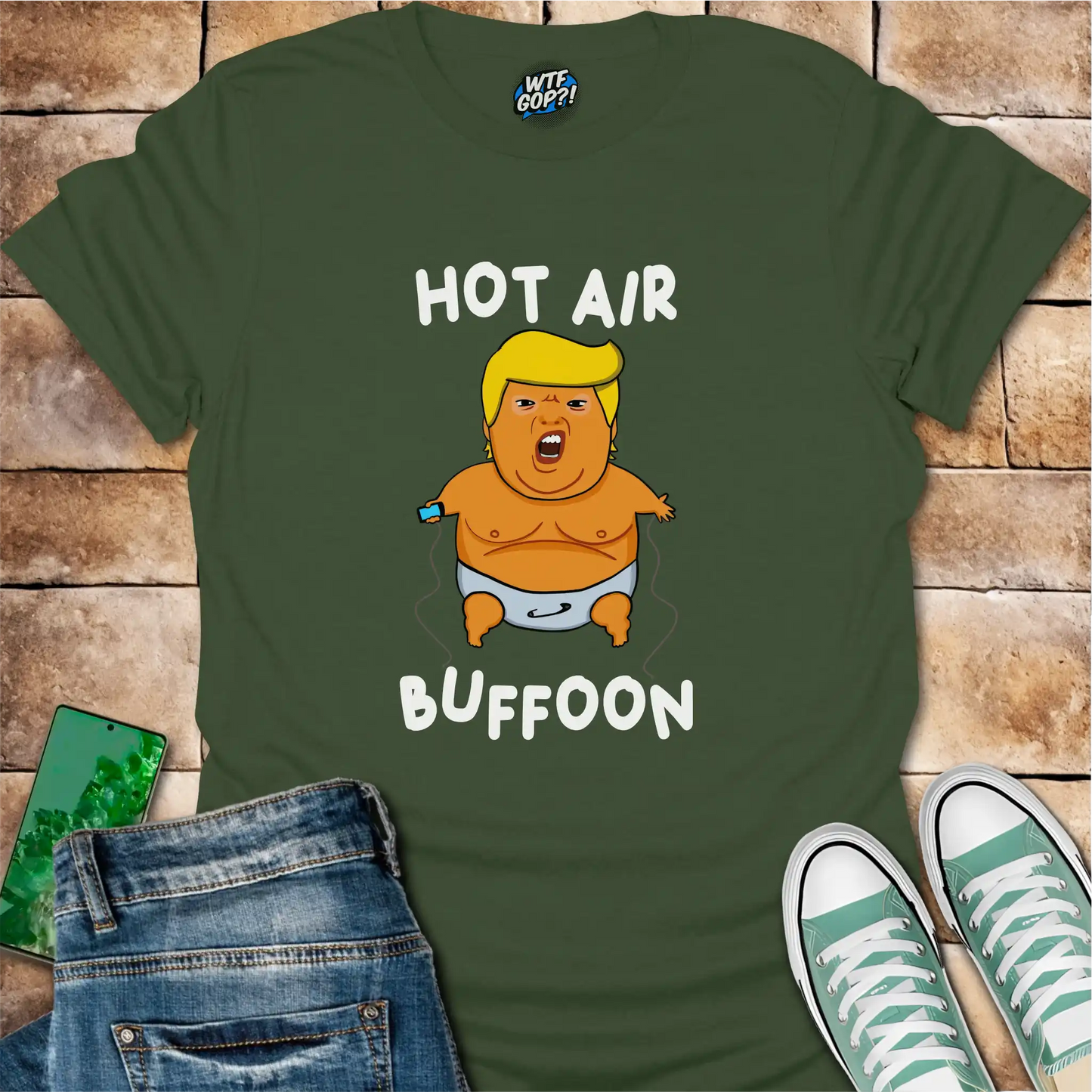 Military Green Baby Balloon t-shirt with hot air buffoon graphic