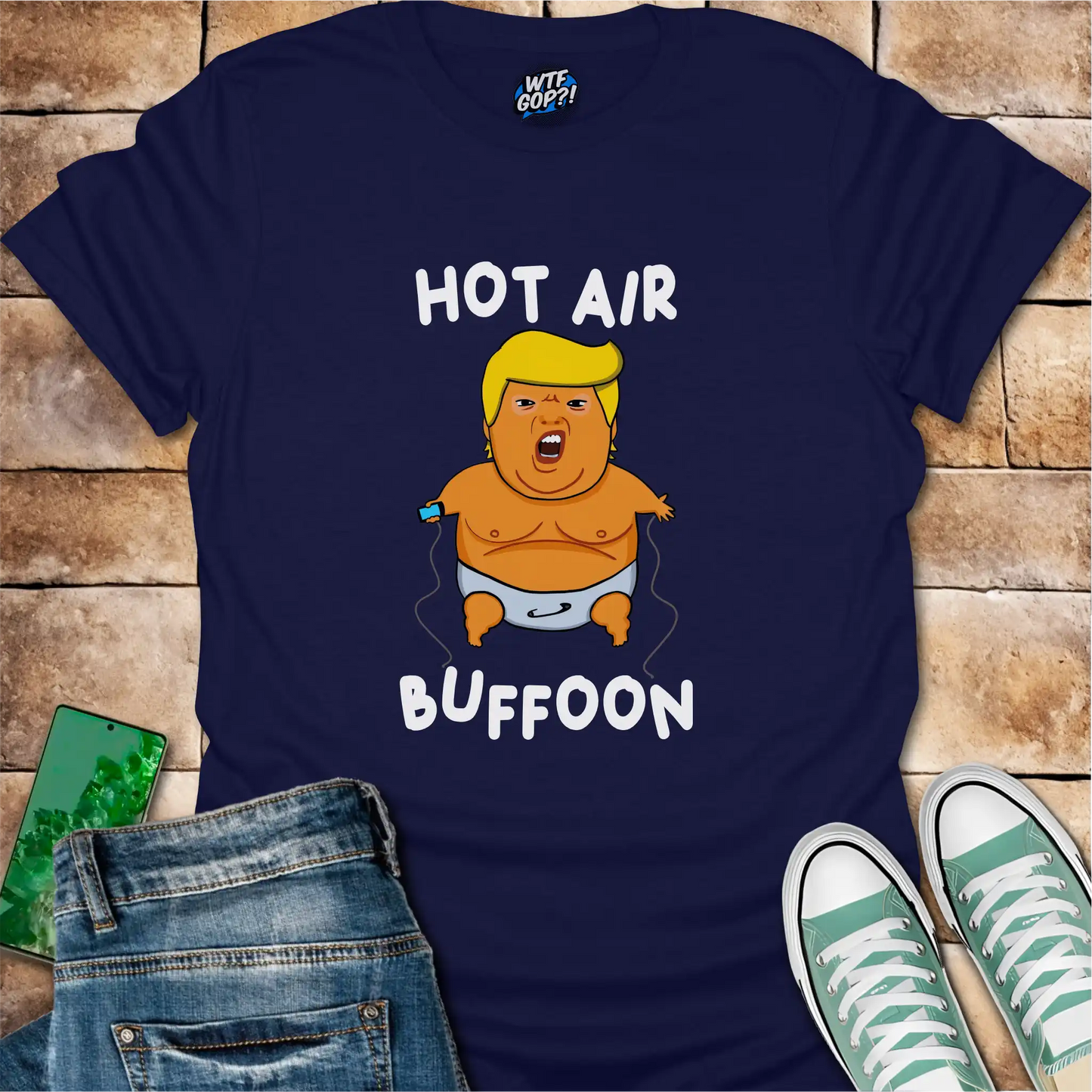 Navy Blue Baby Balloon t-shirt with hot air buffoon graphic