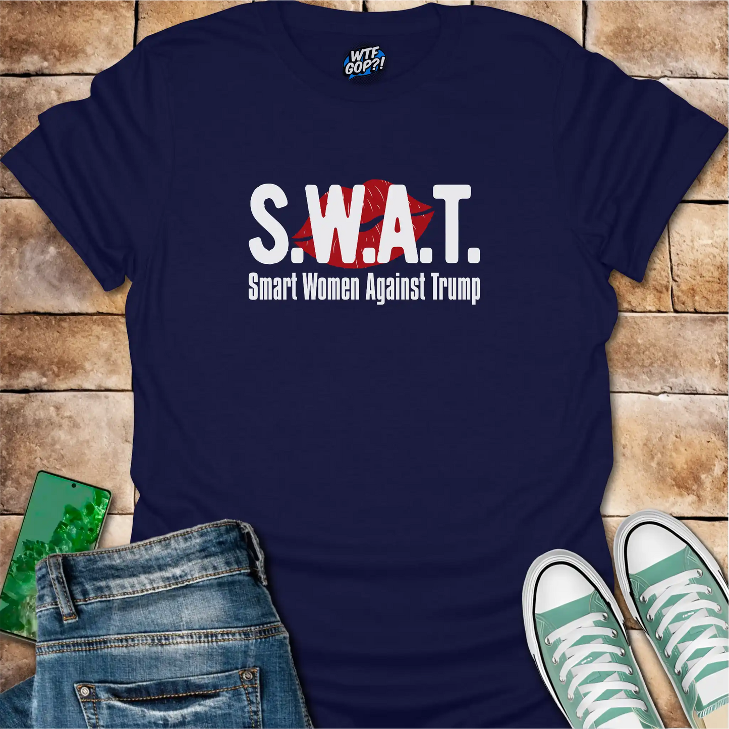Navy Blue SWAT Anti-Trump Shirt: The acronym 'SWAT' with the full phrase 'Smart Women Against Trump' below.