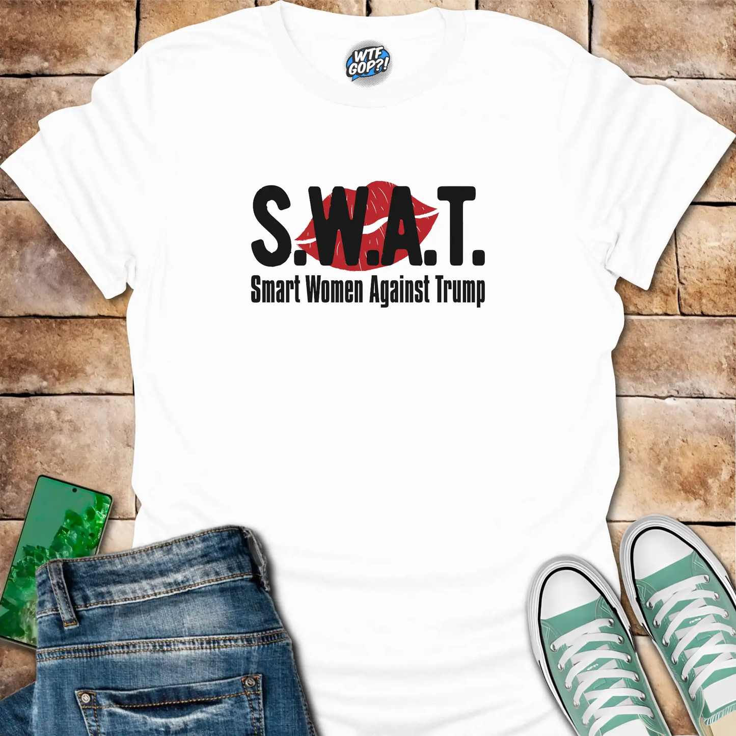 White SWAT Anti-Trump Shirt: The acronym 'SWAT' with the full phrase 'Smart Women Against Trump' below.