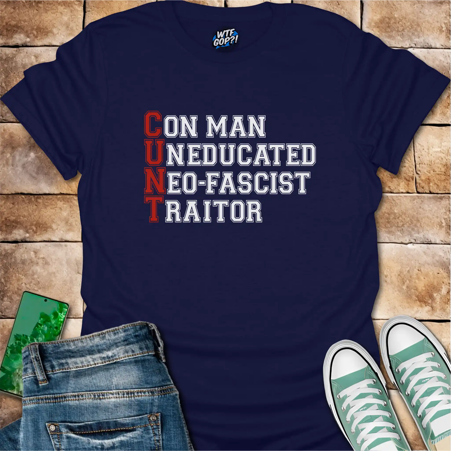 Anti-Trump Acronym Shirt in Navy Blue: The acronym 'C.U.N.T' spelled out vertically, with each letter representing a word.