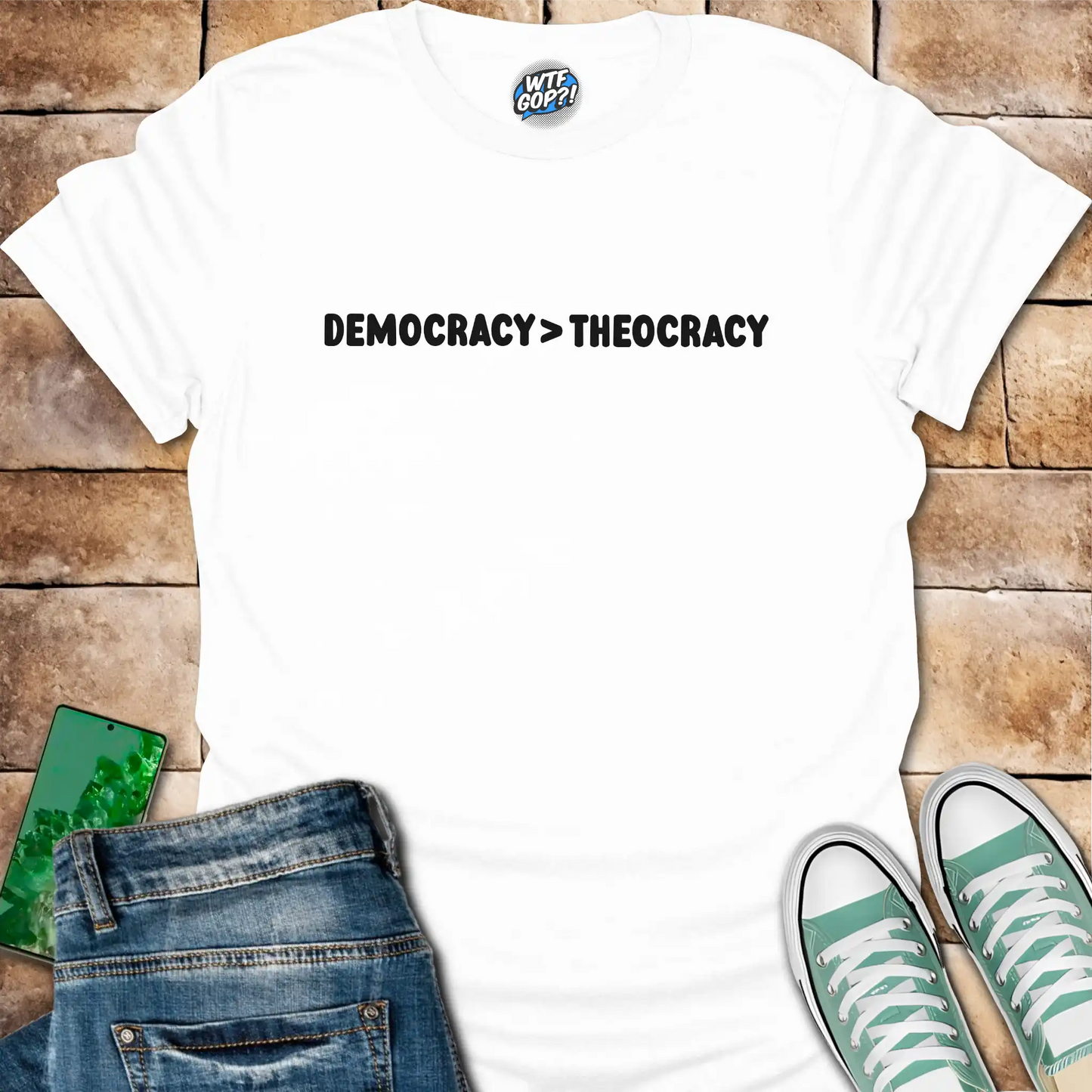 Democracy Over Theocracy T-Shirt | Constitutional Rights Statement Tee