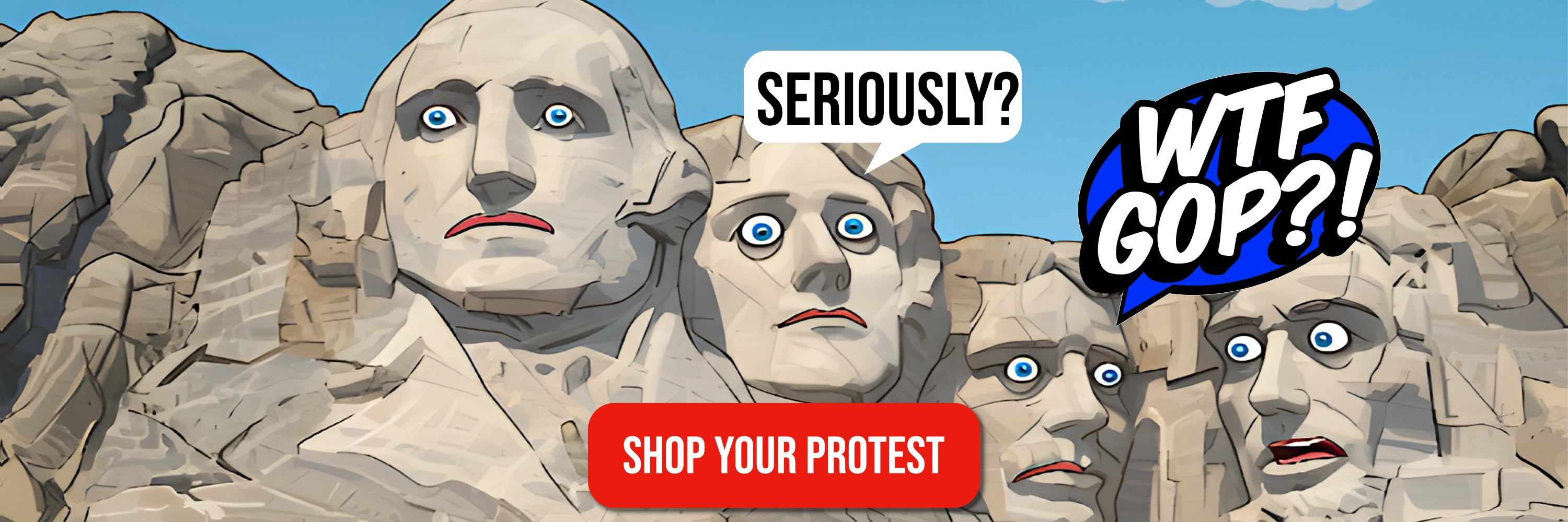 Animated Mount Rushmore with political commentary text and a call to action button.