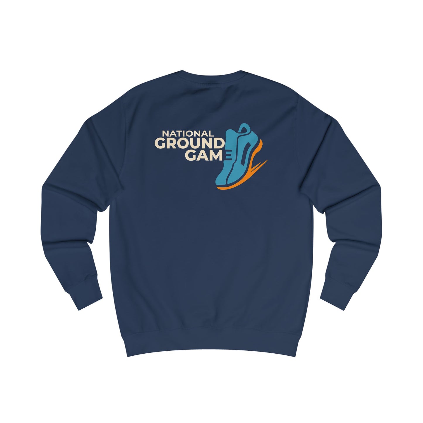 Navy blue sweatshirt with 'National Ground Game' logo on a white background