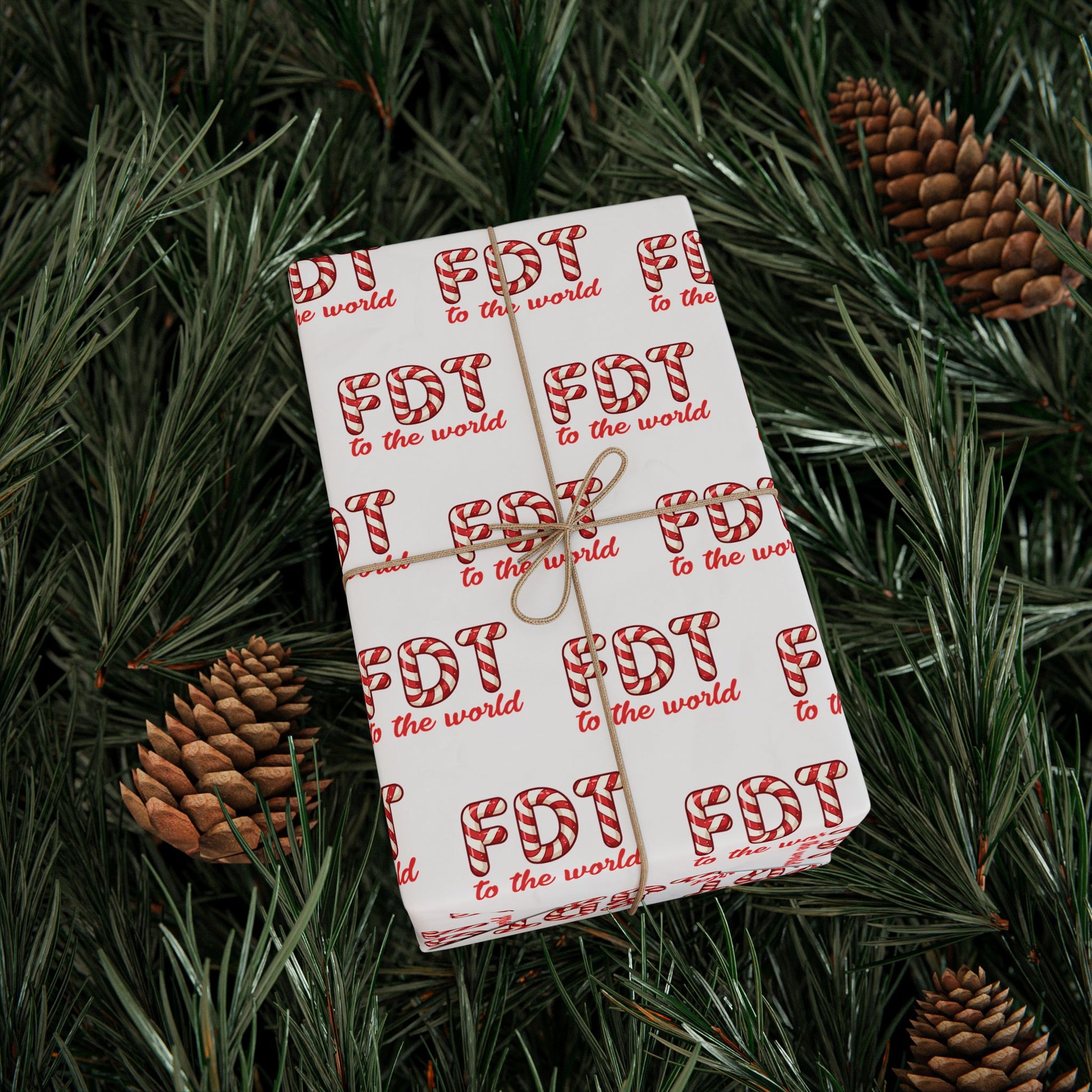 Christmas wrapping paper featuring a repeating pattern of the political text "FDT TO THE WORLD" in a classic red and white candy cane font.
