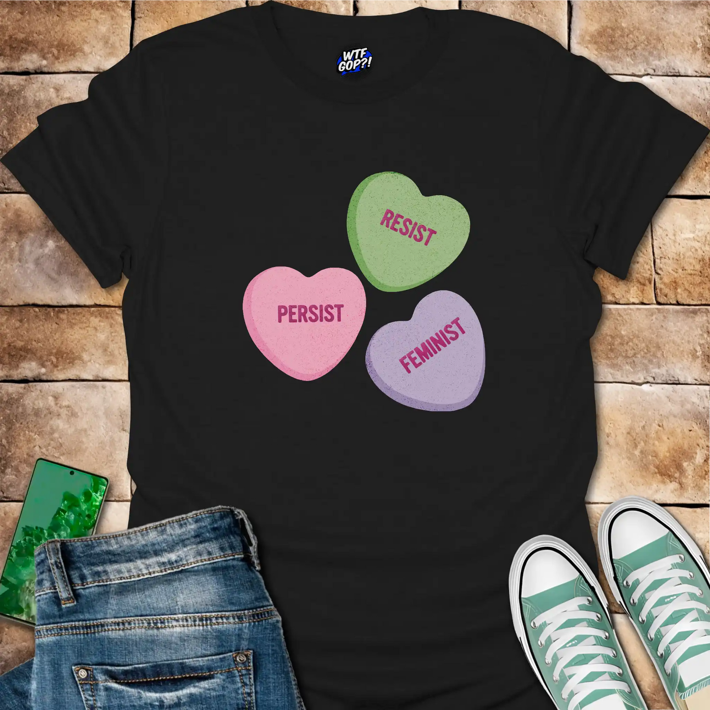 Resist Persist Feminist Candy Hearts T-Shirt - Sweet Protest