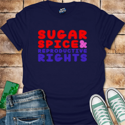 Navy Blue Sugar Spice And Reproductive Rights t-shirt with red and blue stitched text design
