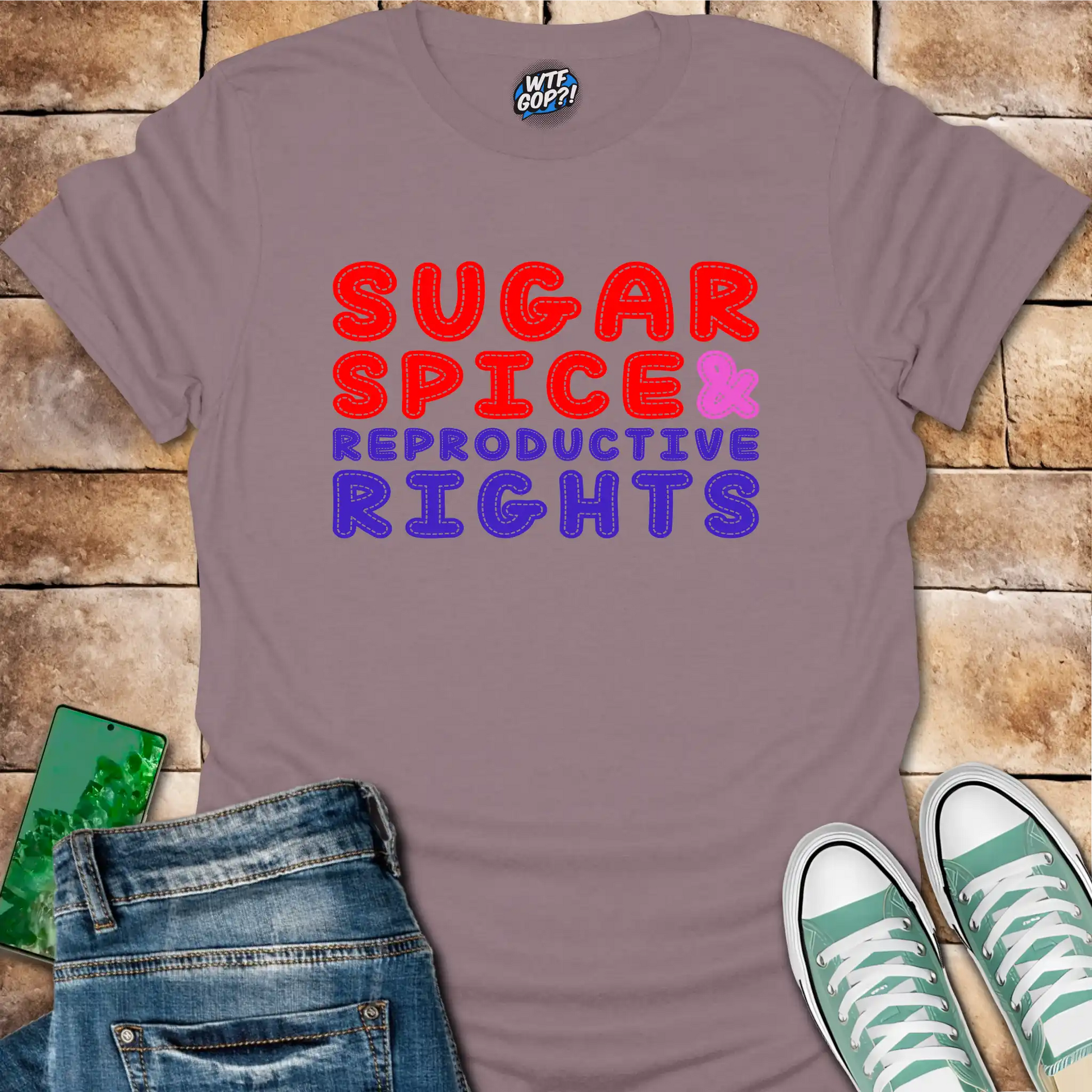 Paragon Sugar Spice And Reproductive Rights t-shirt with red and blue stitched text design