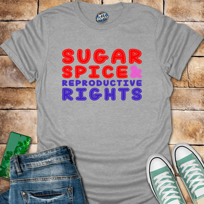 Sport Grey Sugar Spice And Reproductive Rights t-shirt with red and blue stitched text design