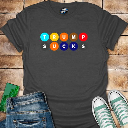 Dark Gray Trump Sucks NYC Subway t-shirt with colorful MTA-inspired circle design