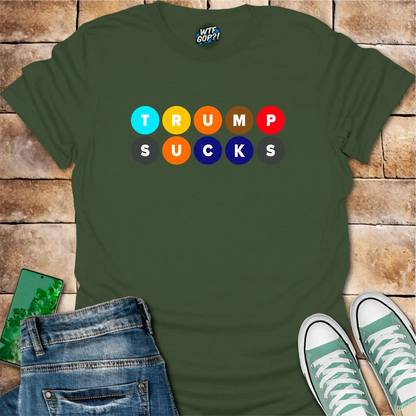 Military Green Trump Sucks NYC Subway t-shirt with colorful MTA-inspired circle design