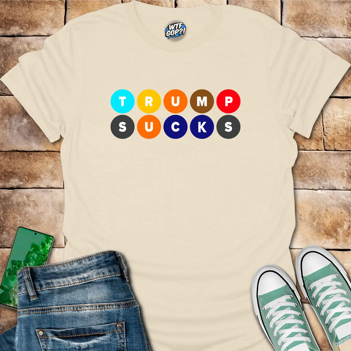 Natural Trump Sucks NYC Subway t-shirt with colorful MTA-inspired circle design