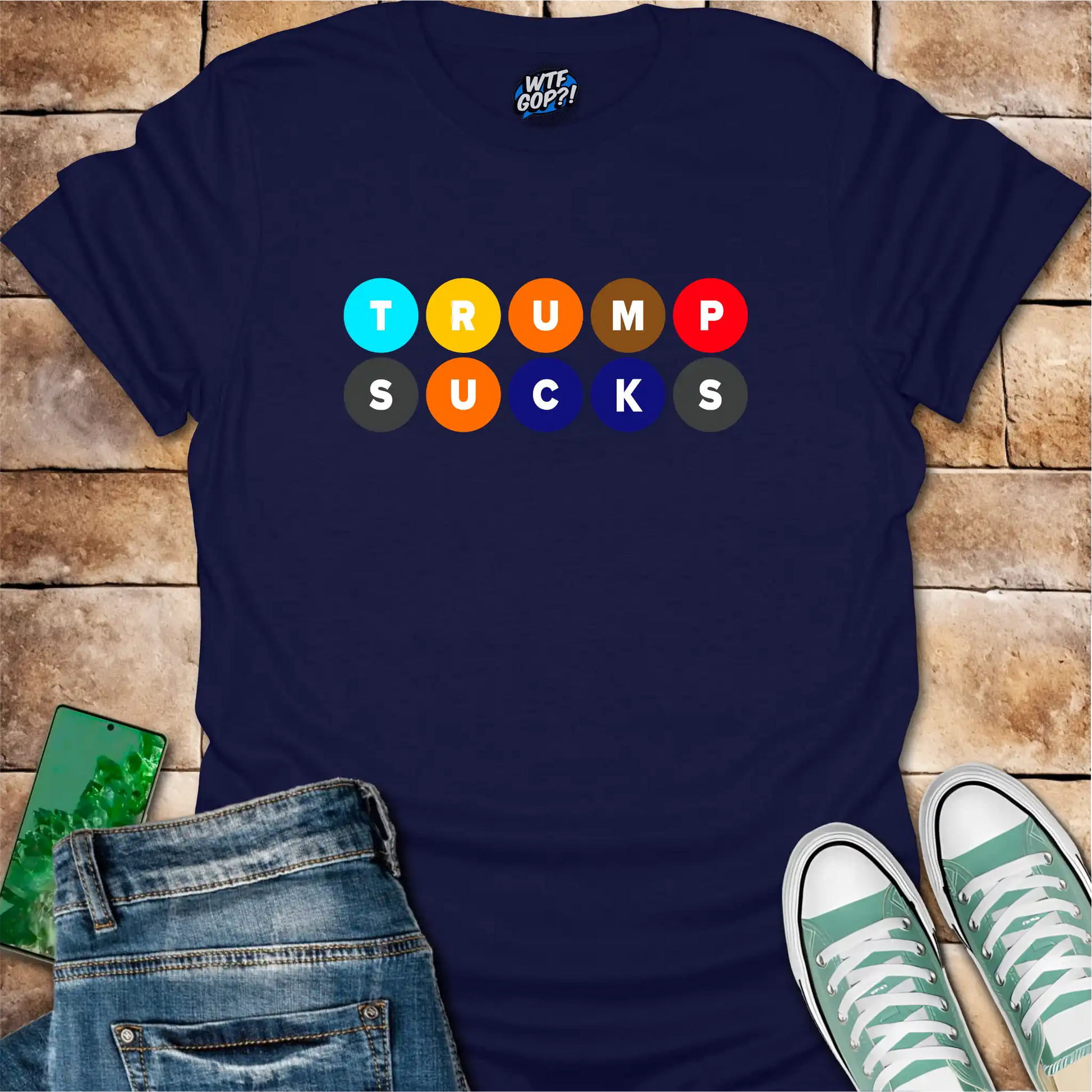 Navy Blue Trump Sucks NYC Subway t-shirt with colorful MTA-inspired circle design