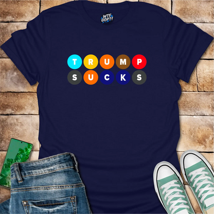 Navy Blue Trump Sucks NYC Subway t-shirt with colorful MTA-inspired circle design
