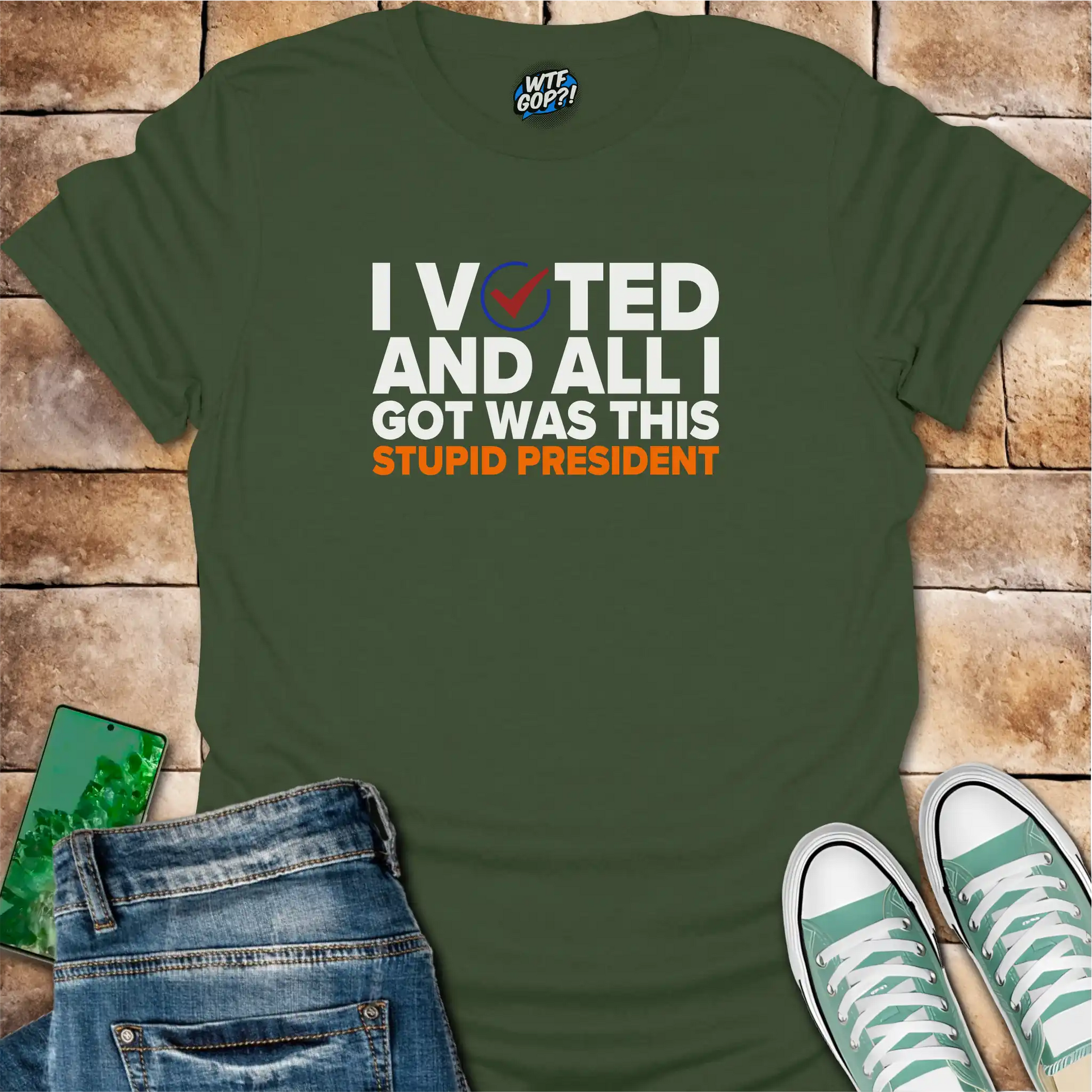 Military Green I Voted And All I Got Was This Stupid President t-shirt with voting checkmark design