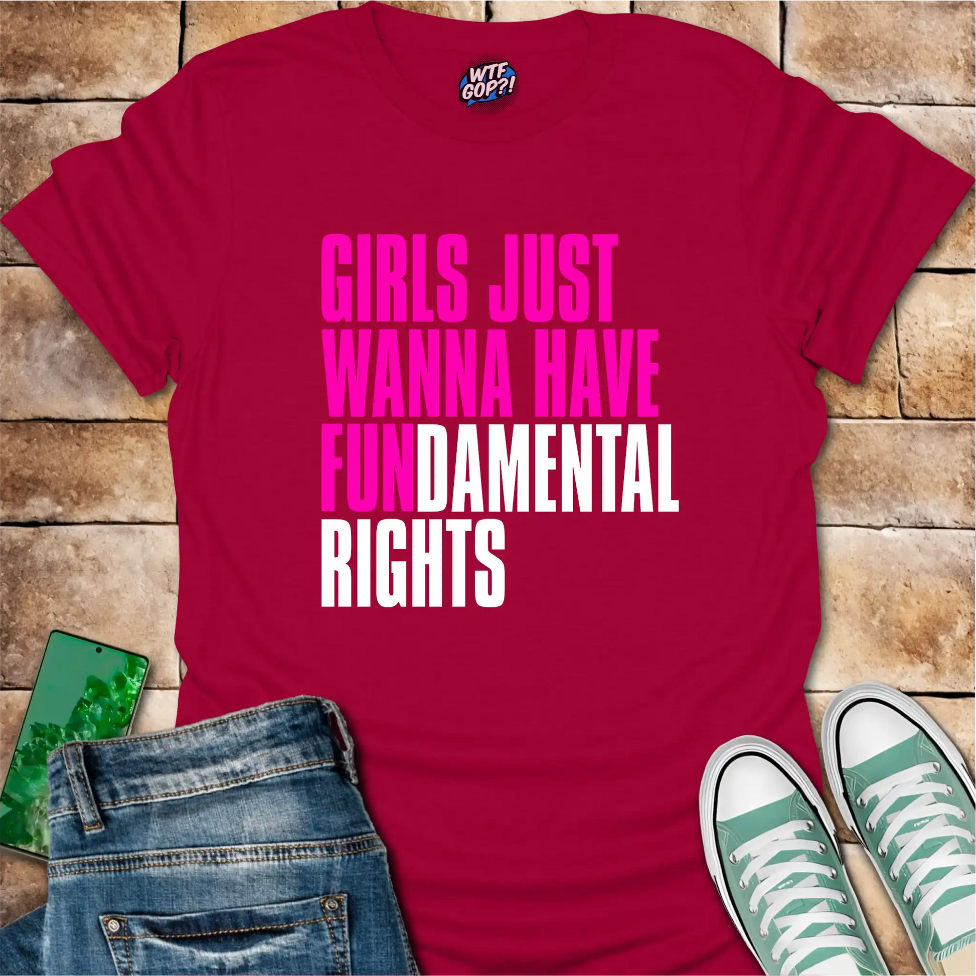 Cherry Red Girls Want Fundamental Rights t-shirt with vibrant pink lettering