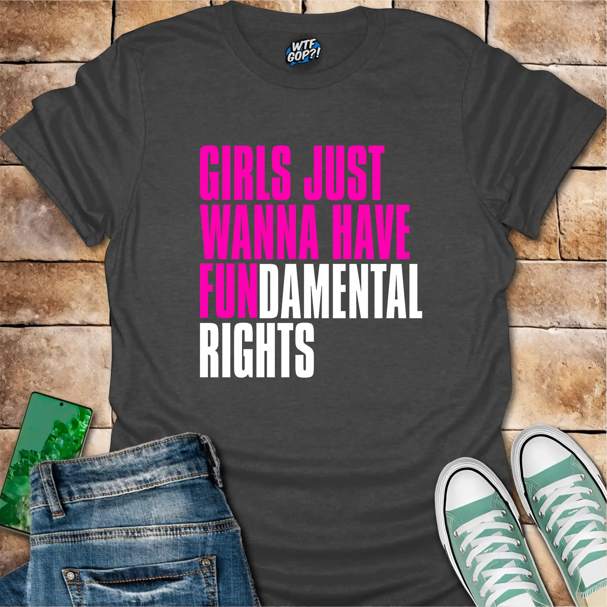 Dark Gray Girls Want Fundamental Rights t-shirt with vibrant pink lettering