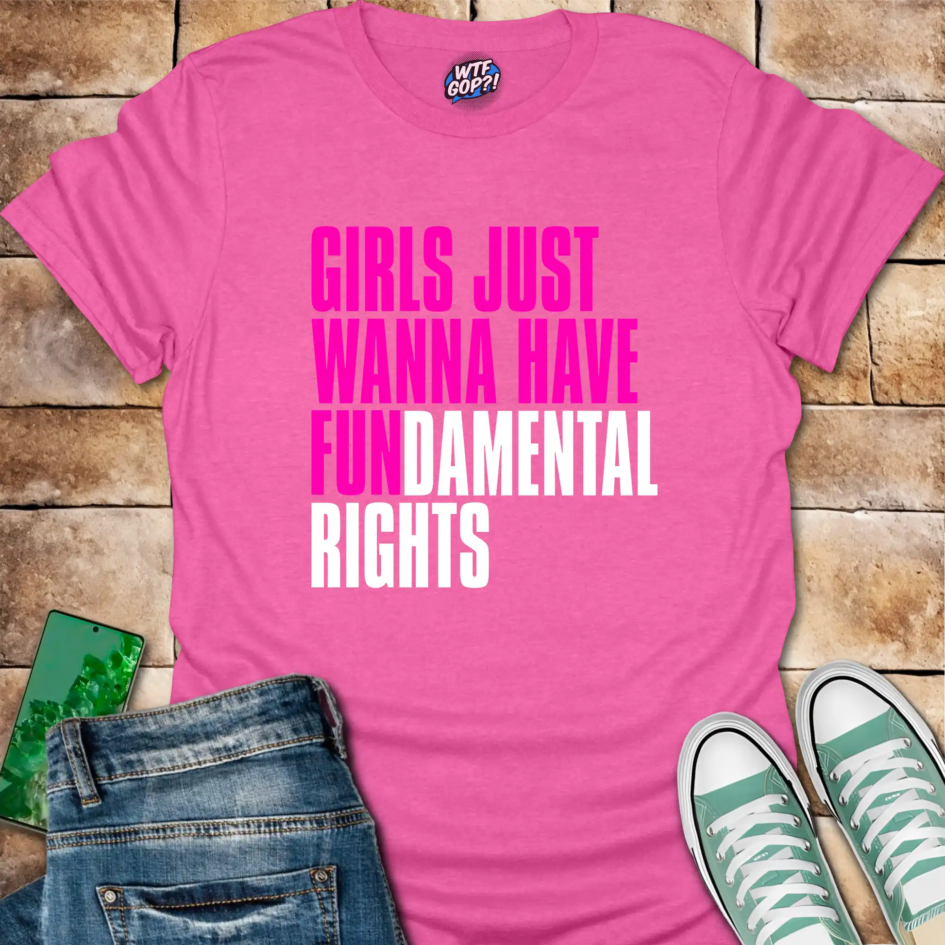 Pink Girls Want Fundamental Rights t-shirt with vibrant pink lettering