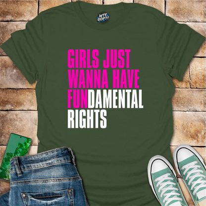Military Green Girls Want Fundamental Rights t-shirt with vibrant pink lettering