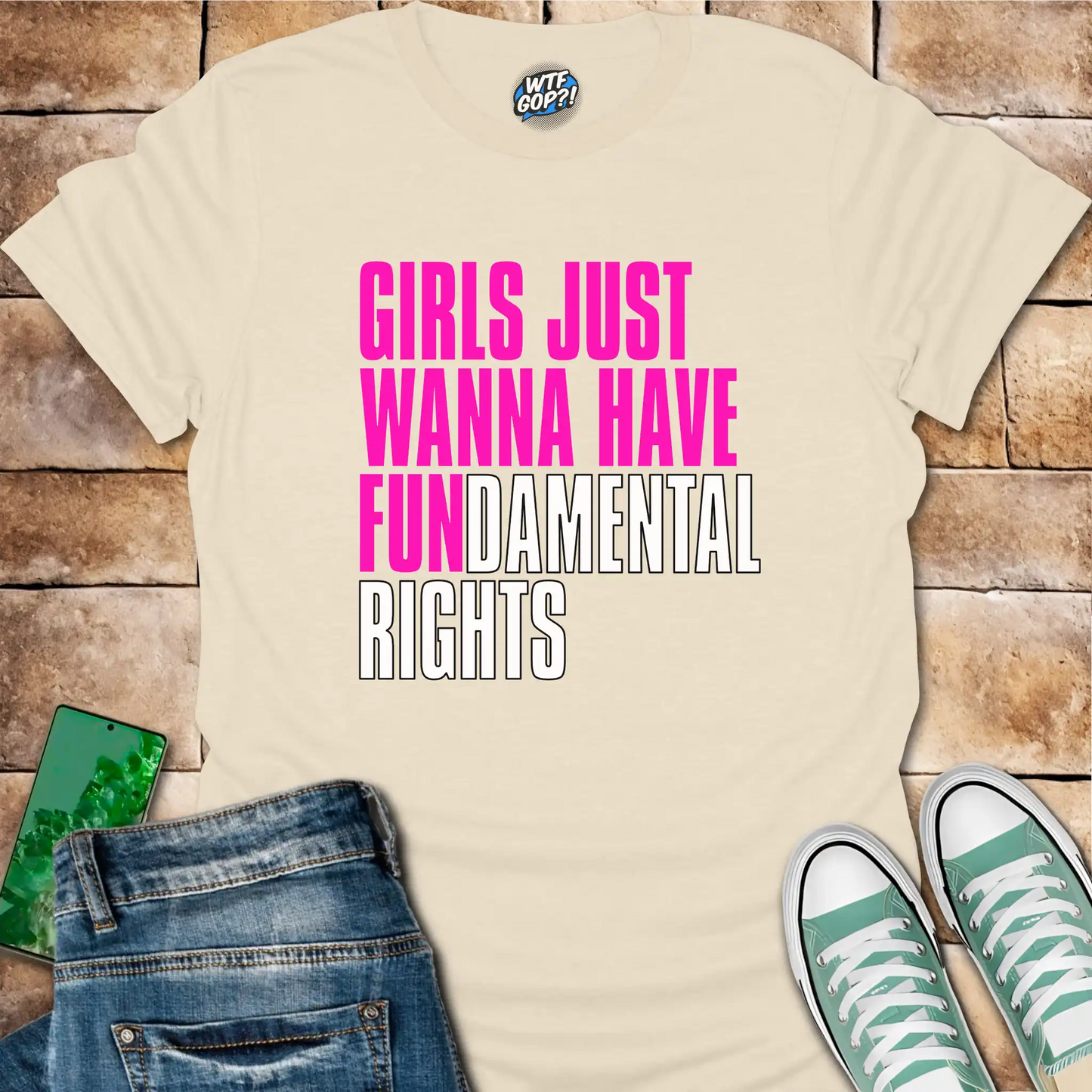 Natural Girls Want Fundamental Rights t-shirt with vibrant pink lettering