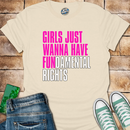 Natural Girls Want Fundamental Rights t-shirt with vibrant pink lettering