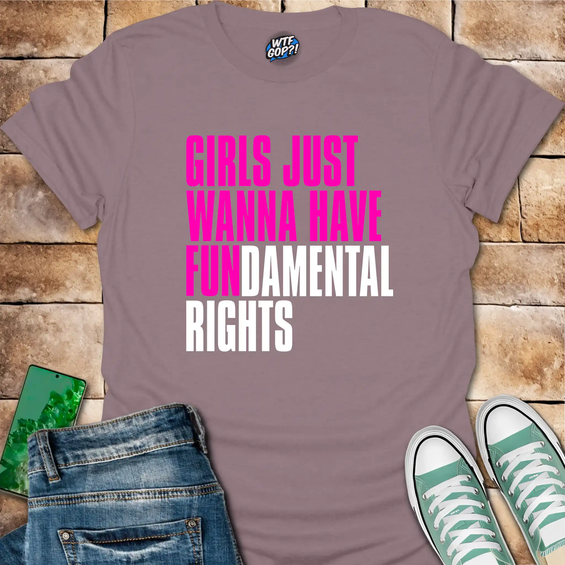 Paragon Girls Want Fundamental Rights t-shirt with vibrant pink lettering